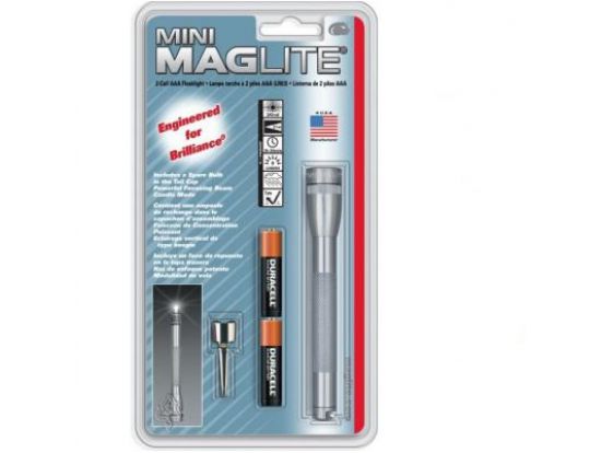 MINI MAGLITE AAA Фонарик,  карманный клип и 2 батарейки (серый)
