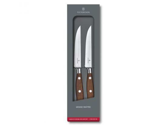 Набор из двух стейковых ножей Victorinox Grand Maitre Wood Steak Set 2 шт , серейторное лезвие 12 см, подарочный
