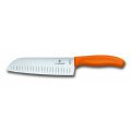 Кухонный нож Victorinox SwissClassic Santoku 17 см рифл. с оранж. ручкой (блистер)